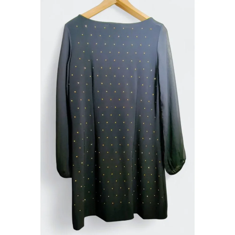 White House Black Market Women's Black Midi Dress‎ Gold Studs Sheer Long Sleeves